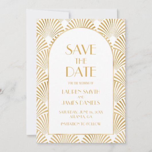 Elegante Goldmedaille Art Deco Save The Date (Vorderseite)