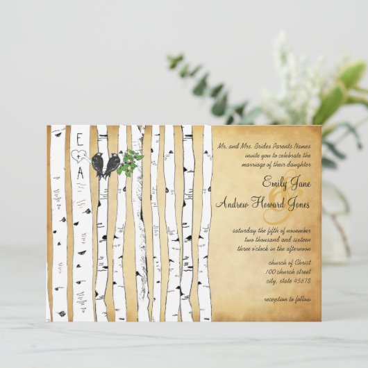 Elegante Goldmedaille bezaubernde Birkenbaumhochze Einladung (Stehend Vorderseite)