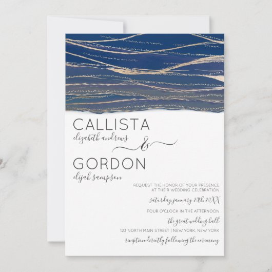 Elegante Goldmedaille Blue Veined Watercolor Hochz Einladung (Vorderseite)