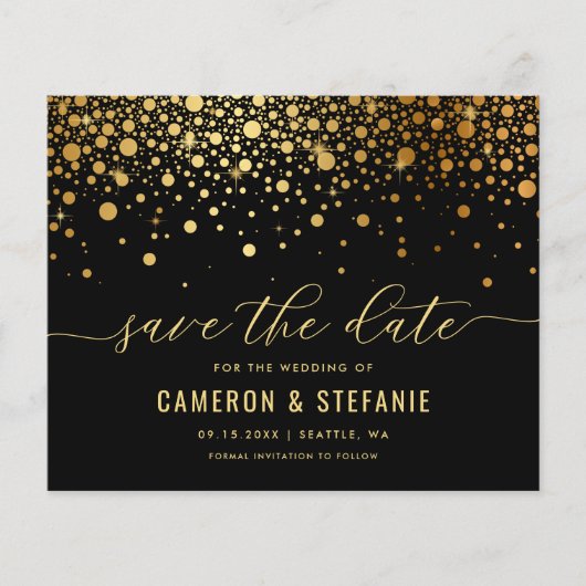 Elegante Goldmedaille Confetti Save the Date (Vorderseite)