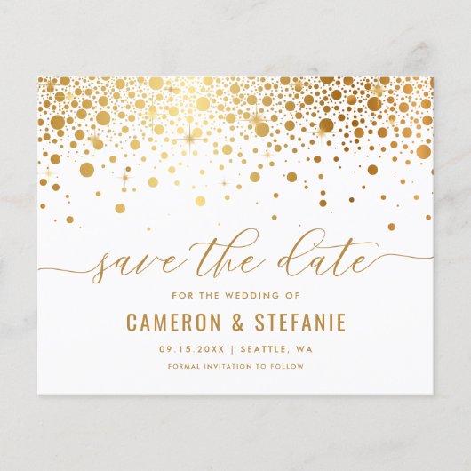 Elegante Goldmedaille Confetti Save the Date (Vorderseite)
