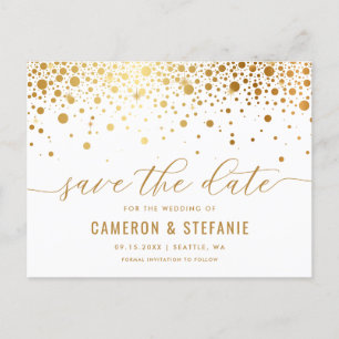 Elegante Goldmedaille Confetti Save the Date Postkarte