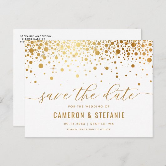 Elegante Goldmedaille Confetti Save the Date Postkarte (Vorne/Hinten)