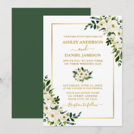 Elegante Goldmedaille Grün weiße Blütenhochzeit Einladung