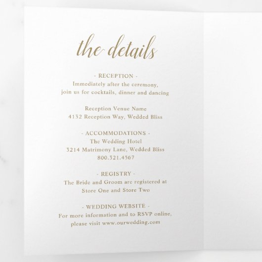 Elegante Goldmedaille Weiße Flora Moderne Hochzeit Dreifach Gefaltete Einladung (Innen Erste Seite)