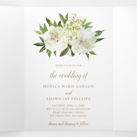 Elegante Goldmedaille Weiße Flora Moderne Hochzeit Dreifach Gefaltete Einladung (Innenseite Mitte)