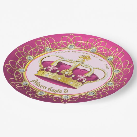 Elegante Goldperlen machen Ihre eigene rosa Krone Pappteller (Schrägansicht)