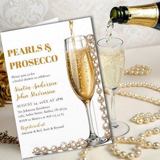 Elegante Goldperlen und Prosecco Hochzeit Einladung