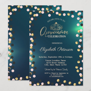 Elegante Goldpunkte, Tiara Green Quinceañera Einladung