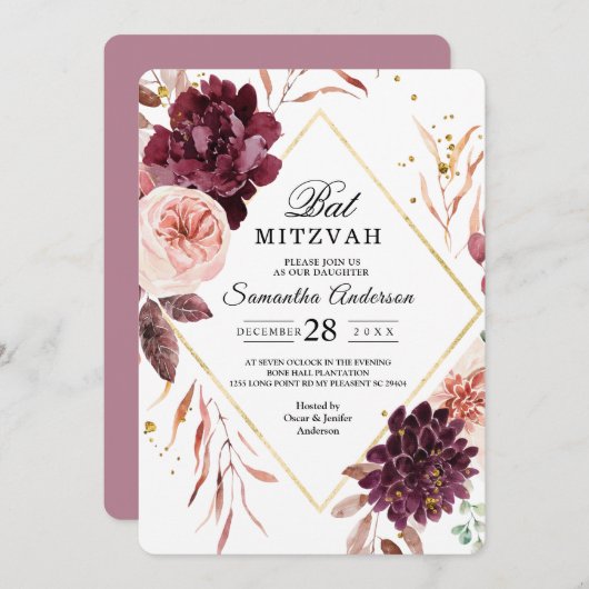 Elegante Goldrahmen Rot und Rosa Einladung (Vorne/Hinten)