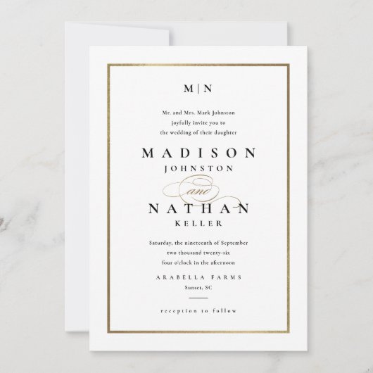 Elegante Goldrahmen Schwarz-Weiß-Hochzeit Einladung (Vorderseite)