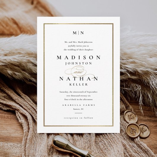 Elegante Goldrahmen Schwarz-Weiß-Hochzeit Einladung