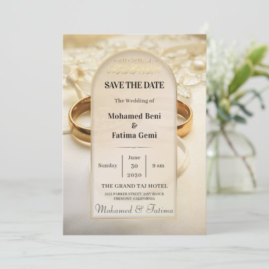 Elegante Goldrings Save the Date (Stehend Vorderseite)