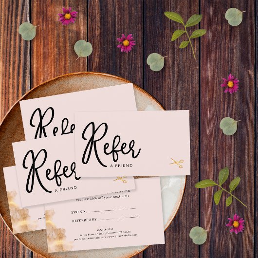 Elegante Goldschere Friseursalon Rosa Rosa Empfehlungskarte