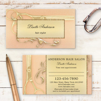 Elegante Goldschere Peach Hair Stylist Terminkarte