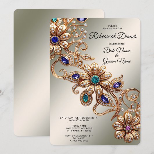 Elegante Goldschmuck-Blumen-Probedinner Einladung (Vorne/Hinten)
