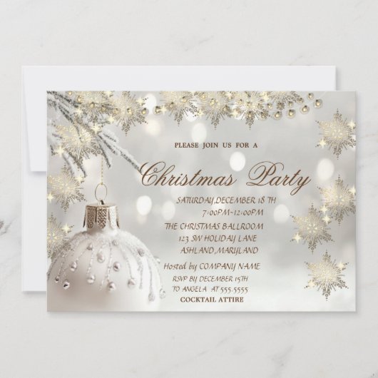 Elegante Goldschneeflocken, Weißer Ball Weihnachts Einladung (Vorderseite)