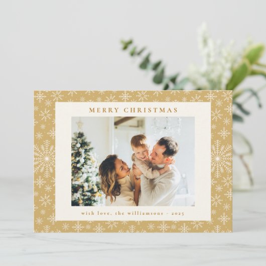 Elegante Goldschneeflocken Zwei Fotos Weihnachten (Stehend Vorderseite)