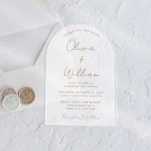 Elegante Goldschrift Bogenförmige Hochzeit Frosted Acryleinladungen