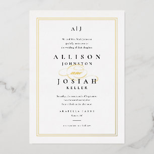 Elegante Goldschrift klassische weiße Hochzeit Folieneinladung