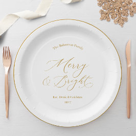 Elegante Goldschrift „Merry & Bright“ Weihnachten Pappteller