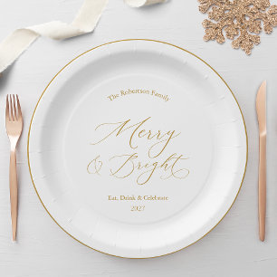 Elegante Goldschrift „Merry & Bright“ Weihnachten Pappteller