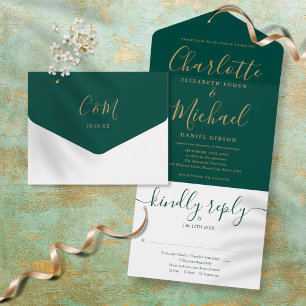 Elegante Goldschrift Smaragdgrüne Hochzeit All In One Einladung