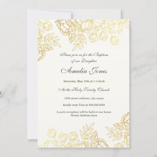 Elegante Goldtaufe Vintage Blütentaufe Einladung (Vorderseite)