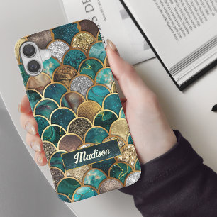 Elegante goldtürkisfarbene, gürtelige Schuppen iPhone 16 Hülle