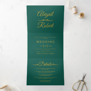 Elegante Goldtypografie, Evergreen Foto Hochzeit Dreifach Gefaltete Einladung