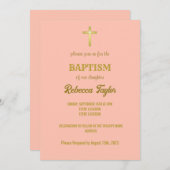 Elegante Goldtypografie Kreuztaufe auf Rosa Einladung (Vorne/Hinten)