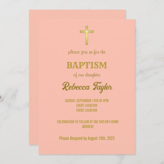 Elegante Goldtypografie Kreuztaufe auf Rosa Einladung (Vorne/Hinten)