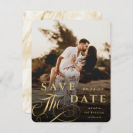 Elegante Goldtypografie mit Marmorbacken-Foto Save The Date