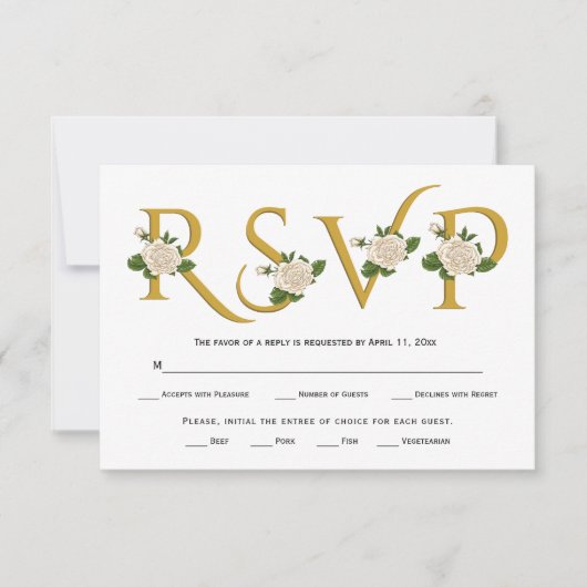 Elegante Goldtypografie und weiße Rosen RSVP-Karte RSVP Karte (Vorderseite)
