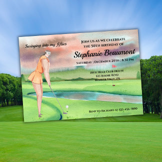 Elegante Golferin beim Schwung zum 50. Geburtstag Einladung