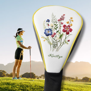 Elegante Golferin Faux-Stickerei Blumen   Golf Headcover