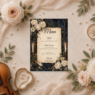 Elegante Gothic Dark Academia Hochzeit Menükarte