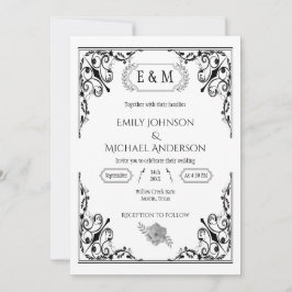 Elegante Gothic Monogram Black and White Wedding Einladung