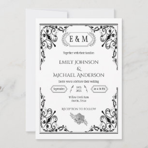 Elegante Gothic Monogram Black and White Wedding Einladung