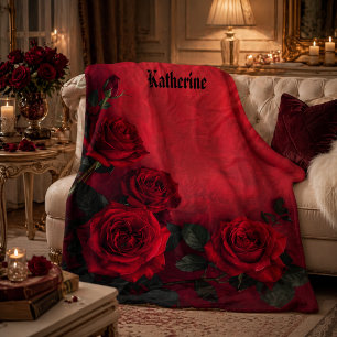 Elegante Gothic Red Roses Benutzerdefinierter Name Fleecedecke