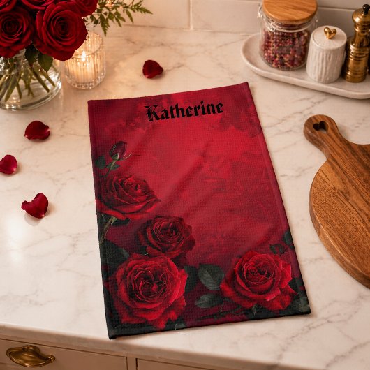 Elegante Gothic Red Roses Benutzerdefinierter Name Geschirrtuch