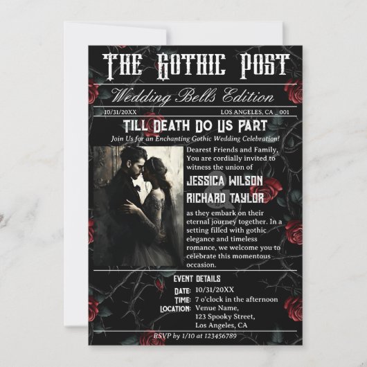 Elegante Gothic Rose Newspaper Foto Black Wedding Einladung (Vorderseite)