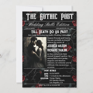 Elegante Gothic Rose Newspaper Foto Black Wedding Einladung