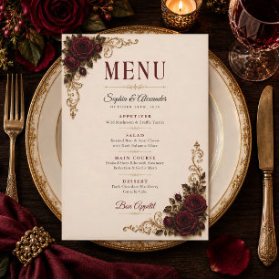 Elegante Gothic Rosen Burgunder Hochzeitsmenükarte Menükarte