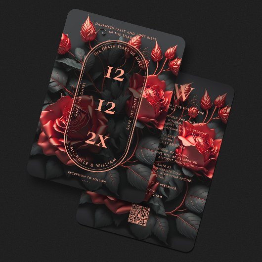 Elegante Gothic Wedding Floral Black Rote Rosen Save The Date