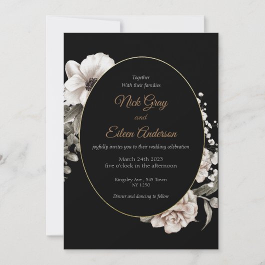 Elegante Gothic White Rose Black Wedding Einladung (Vorderseite)