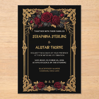 Elegante gothische schwarze Rosen-Gold-Hochzeitsei Acryleinladungen