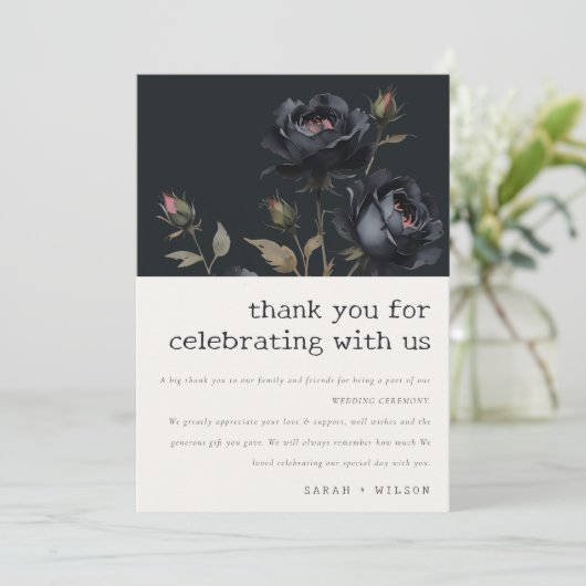 Elegante Gotische Dunkle Wasserfarbe Schwarze Rose Dankeskarte (Stehend Vorderseite)