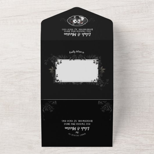 Elegante Gotische Hochzeitskelette Schwarz & Weiß All In One Einladung (Außenbereich)