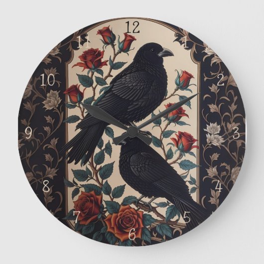 Elegante gotische Ravens mit Rose Große Wanduhr (Vorderseite)